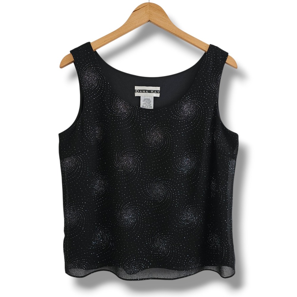 Vtg Y2K Tank Top 10 Womens Black Glitter Swirl‎ Dressy Celestial Whimsigoth 90s
